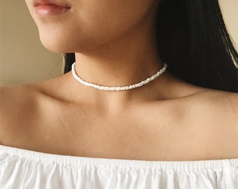 All White Bead Choker, White Choker, Glass Bead Choker, White Glass Necklace, Glass Bead Necklace, Simple, Dainty, Delicate, Feminine, Boho