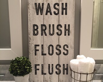 WASH Brush Floss Flush sign, BLACK, wood pallet, bathroom art, typography, farmhouse sign