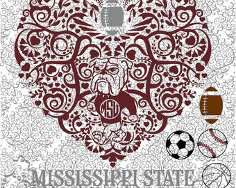 Football Basketball Baseball Soccer Mississippi State Mascot Heart Digital Cut Files SVG DXF