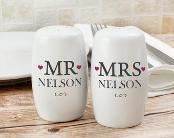 Personalised Mr & Mrs Salt And Pepper Shaker Set, Couples Gift, Wedding, Anniversary, New Home