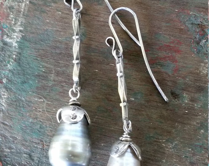 Silver Gray Tahitian Pearl Earrings Set in Sterling Silver