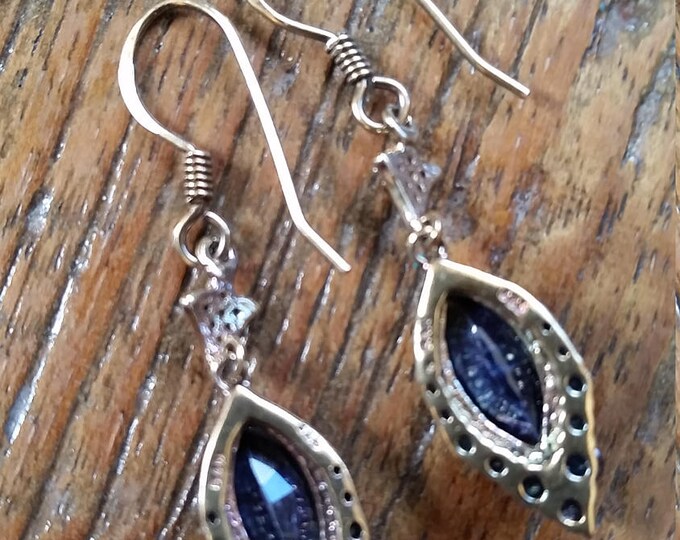 Earrings with Dark Blue Stones and Cubic Zirconium in a 14 K Gold Filled Setting