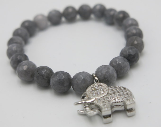 Crystal charm Elephant 8mm Beaded Gray Jade Bracelet Jewelry.