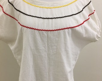 30% OFF --- Vintage 1960s White w/ Yellow, Brown, & Red Rickrack Peasant Style Top