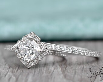White Vintage Floral Cushion Cut Engagement Ring with Band in Solid 14k White Gold, Bridal Set, Milgrain Eternity Wedding Band by Sapheena