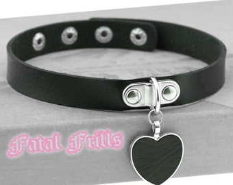 Black Leather Heart Choker Collar Fetish Goth Punk Bondage 90s Slave Adjustable Necklace Vegan
