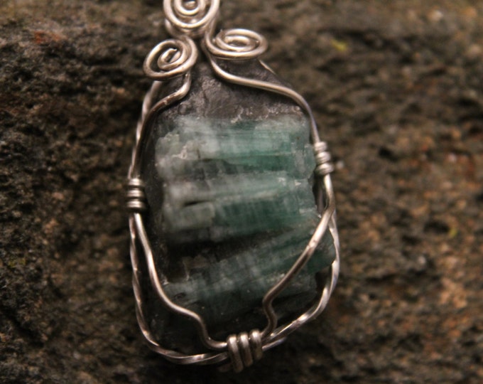 Triple Emerald Green Pendant Necklace, Rough Mineral Specimen with Sterling Silver Wire Wrap, Raw Gemstone in Matrix, May Birthstone