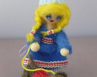 Doll wood and wool felted with her little dog