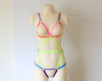 Festival Clothing Rainbow Body Harness Bodysuit: Body Cage, Rainbow Clothing, Festival Outfit, Pride Clothing, EDM Clothing, Sexy Bodysuit