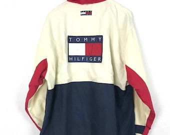 Vintage 90s TOMMY HILFIGER Big Logo Patch Spellout Multicolor Colorblock Racing Hood Hip Hop Style Windbreaker Coat Jacket Size Medium