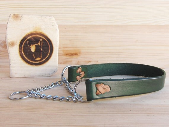 Green Leather Martingale Dog Collar - Colored Dog Collar - Italian Veg Tan Leather - Handmade Dog Collar - HalfChoke Dog Collar - YupCollars