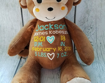 Monkey Birth Announcement, Stuffed Animal Birth Announcement, New Baby Gift, New Mommy Gift, Nursery Decor, Birth Announcement, Baby Shower