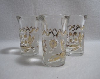 3 Frosted Shot Glasses - Gold Leaf/Floral/Bird Pattern