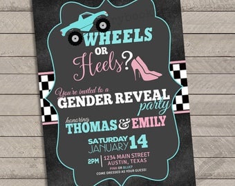 Wheels or Heels Gender Reveal Invitations, baby shower, digital file, you print, race car, monster truck, tires