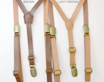 Vintage Style 1/2 inch Skinny SUSPENDERS / Faux Leather Brown Rustic Suspenders brass clasps / Groom Mens Kids Baby - Adult Suspenders