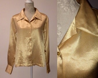 1980s Metallic Liquid Gold Blouse, Disco style, Satin Women Blouse