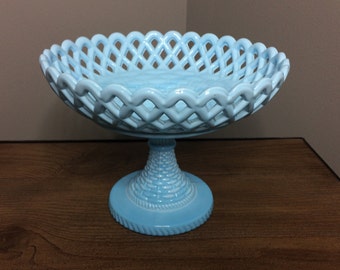 Vintage Blue Milk Glass Fruit Bowl / Compote