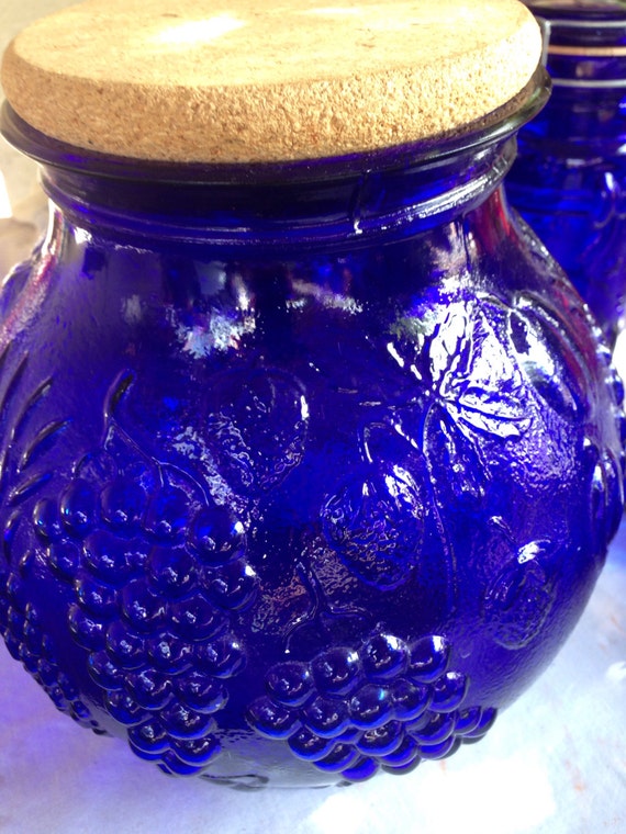 Large Cobalt Blue Jar Embossed With Fruit Design Cork Lid 5520