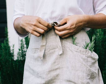 Garden Apron, Foragers Apron, Pocket Apron, Linen Apron, Kitchen Apron, Half Apron, Cafe Apron, Waist Apron, Short Apron, Womens Apron