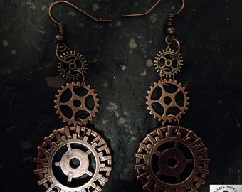 Steampunk earrings with double gears in steam style copper bronze optics (Fischohr hook)