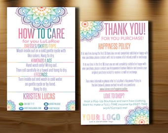 Customer Thank you Card with care instructions, Happiness Policy, Return policy. Care card, 4x6'', Mandala, Home Office Approved Color&Fonts
