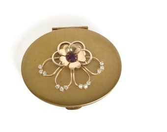 Vintage Gold Powder Compact with Rhinestones 1950's, Vintage Compact, Gold Compact, Ornate Compact, Loose Powder Compact, Jeweled Compact