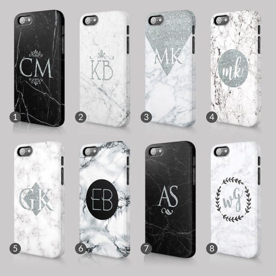 Personalised Silver Marble Printed Glitter Initials Custom Phone Case For Iphone & Samsung 3D Full Wrap Hard Cover Gift