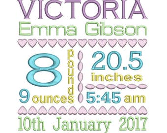 Baby Birth Announcement TEMPLATE Embroidery Design, Subway Art, Baby Birth Announcement Machine Embroidery Design, AM/PM, 3 Sizes FT509-1