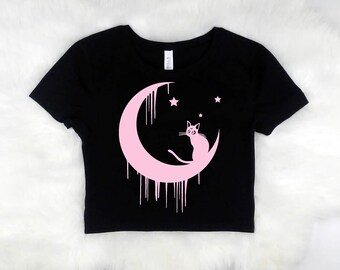 PASTEL KITTY MOON - Sailor Moon inspired crop top, pastel graphic shirt, tumblr trending clothes, Kawaii stlye crescent moon