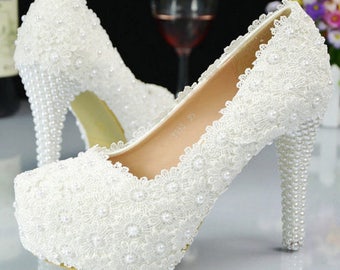 White Flower Lace And Pearl High Heel Wedding Shoe