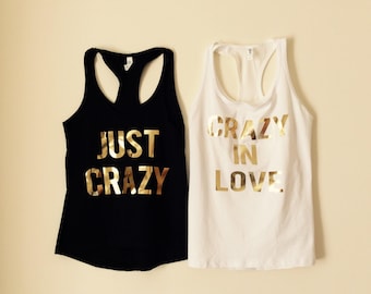 8 Crazy in Love +FREEBride Feyonce Tank Tops V Neck t-shirt Gold Metallic Print Bridesmaid Maid of Honor Bachelorette Party Shirts