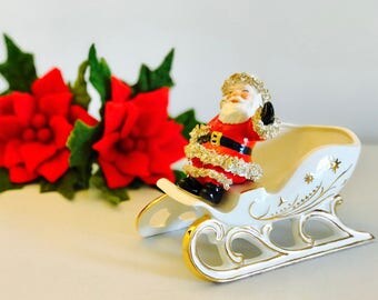 REDUCED- Vintage Santa Sleigh Sled Christmas Planter Spaghetti Trim Stars Figurine Japan 1950's
