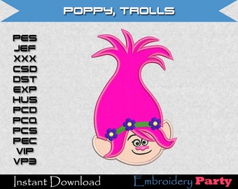 Trolls Poppy Applique Machine Embroidery - Instant Digital Download design pattern alphabet letter jef hus pes troll