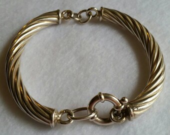 Vintage Large Twisted Tube Sterling Silver Bangle Bracelet with Large Round Focal Clasp