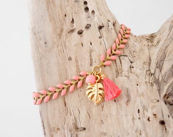 Coral enamel Golden Spike chain bracelet, charm leaf philodendron and tassel (BREP15corail)
