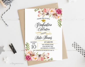 Graduation Invitation, Graduation Party Invite, Floral Graduation Invitation, PERSONALIZED, Digital file, #G04