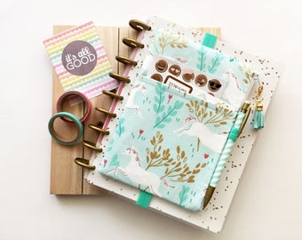 Bullet journal accessories - planner cover - unicorns - mint planner bag - unicorn planner cover - planner accessories - mint green tassel
