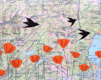 Lake Tahoe / 9 x 15 Map Painting / California Art / Map Art / Modern Decor / California Poppies
