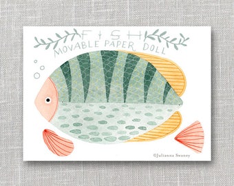 Fish Articulated Paper Doll, Illustrated Print, Puppet, Craft, Decoration, Scrapbooking