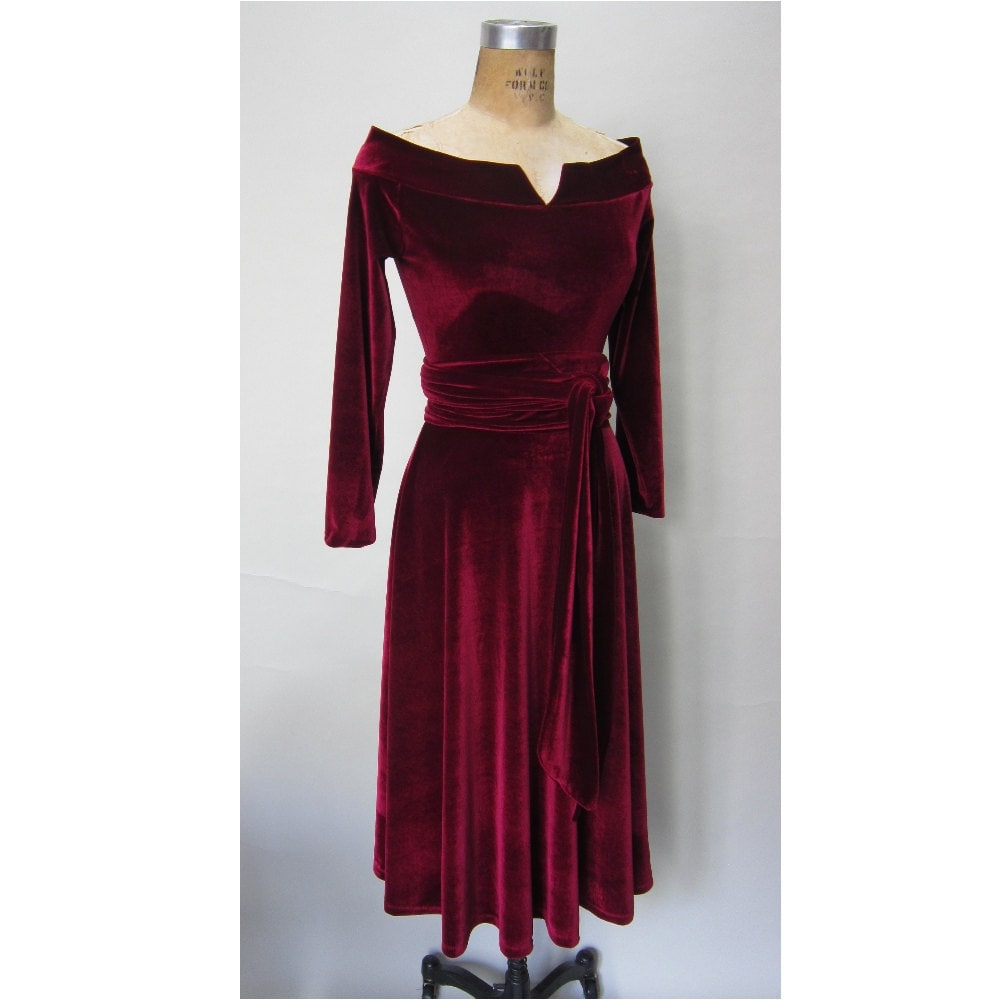 Velvet Off the Shoulder Solid Wine Colored Midi Dress with