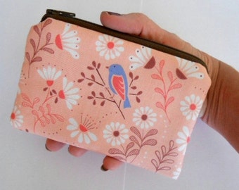 Birds Zipper Pouch Little Coin Purse ECO Friendly Padded NEW Blue bird on Peach