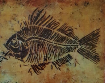 Fish Fossil Skeleton Art Print Decoupage Canvas Textured Handmade Home Decor Rustic Anthropology Geology Nautical Natural 8" x 8" x 3/4"