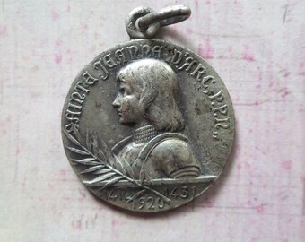 Vintage French Sainte Jeanne D'Arc PPN Repousse Medallion Silvertone Double Sided Design with Birthplace Domremy Signed A Lavrillier