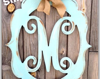monogram door hanger, wedding monogram, letter door hanger, burlap door hanger, vintage style monogram, painted wooden monogram, distressed