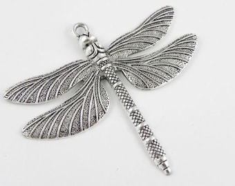 Large Dragonfly Pendant Charm in Antiqued Silver - 63mm x 71mm