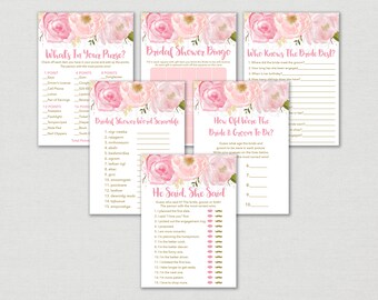 Pink Floral Bridal Shower Games Package / Floral Bridal Shower / Watercolor Floral / 6 Printable Bridal Games / INSTANT DOWNLOAD B108