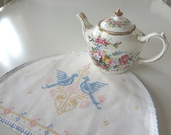 Vintage Tea Cozy Cosy Doves Love Birds Heart Cross Stitched Hand Embroidered on Natural Linen - EnglishPreserves