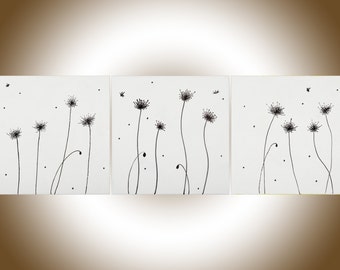 Dandelions painting black and white art wall decor wall art canvas art heavy texture Palette Knife painting by QiQiGallery