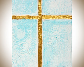 Cross Sign gold blue Acrylic painting wall hangings wall decor abstract heavy texture impasto home decor "Cross" by QIQIGallery