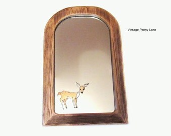 Vintage Handmade Mirror, Wall Hanging, Wood, Stained Glass Deer